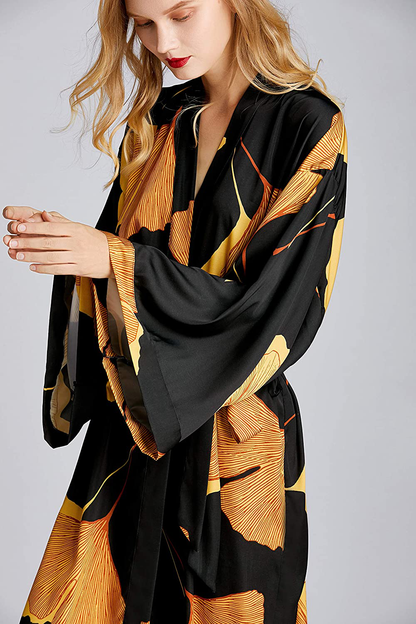EORUBE Women'S Kimono Robe Long Ginkgo Leaf Printed Satin Robe Bride Bridesmaid Dressing Gown Apparel & Accessories > Clothing > Sleepwear & Loungewear > Robes EORUBE   