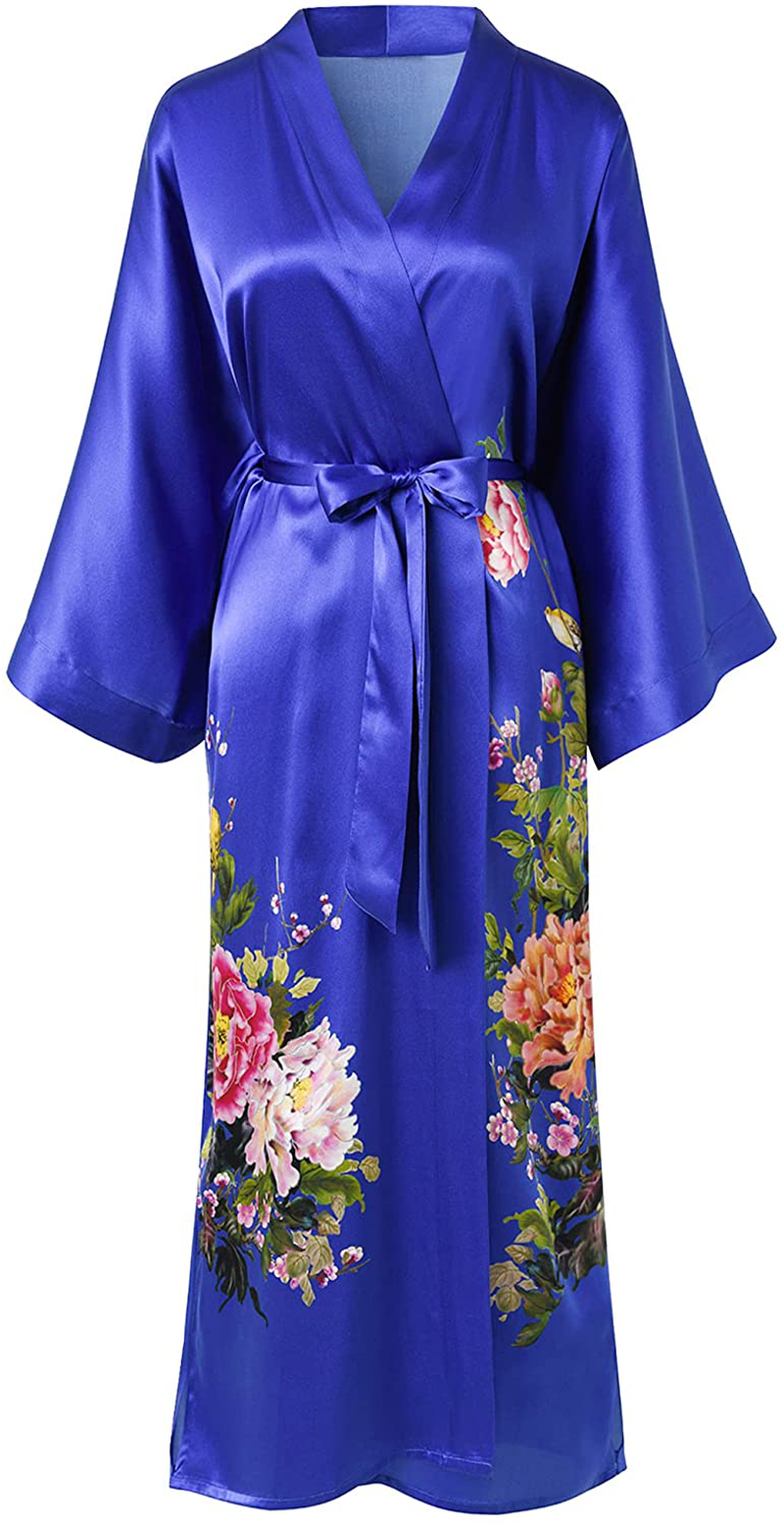 Ledamon Women'S 100% Silk Kimono Long Robe - Classic Colors and Prints Apparel & Accessories > Clothing > Sleepwear & Loungewear > Robes Ledamon Sapphire Blue  