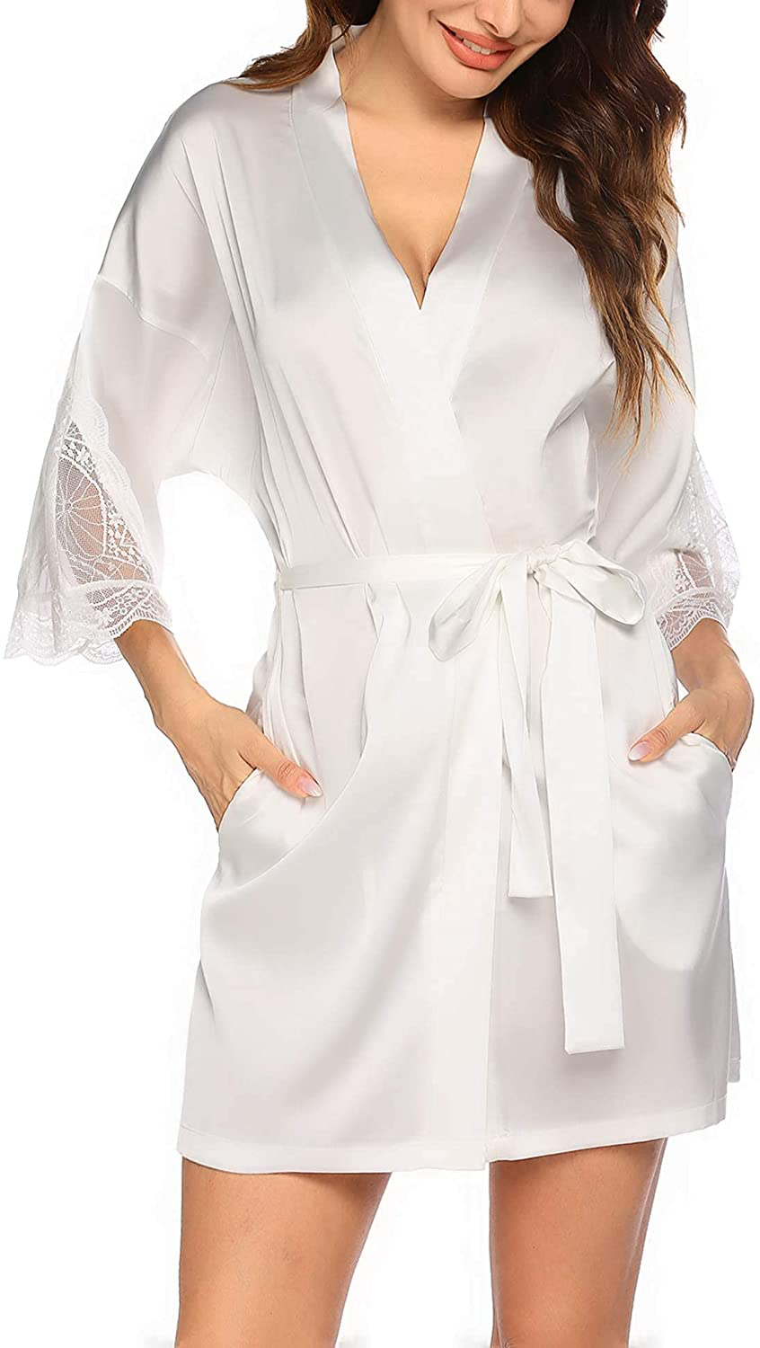 Hotouch Women'S Satin Robes Short Silk Kimono Bathrobe Lace Trim 3/4 Sleeve Bridesmaid Wedding Party Sleep Gown Loungewear Apparel & Accessories > Clothing > Sleepwear & Loungewear > Robes Hotouch White Small 