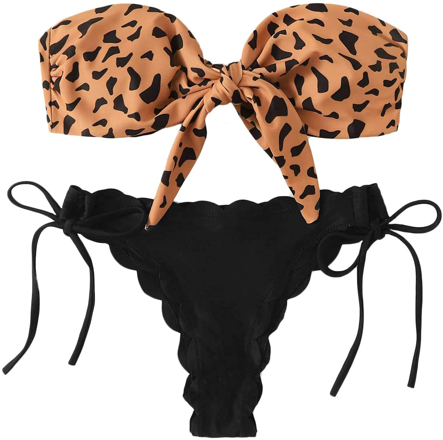 SOLY HUX Women's Floral Print Tie Front Bikini Bathing Suit 2 Piece Swimsuits Apparel & Accessories > Clothing > Swimwear KYLIE MAX Brown Black Large 