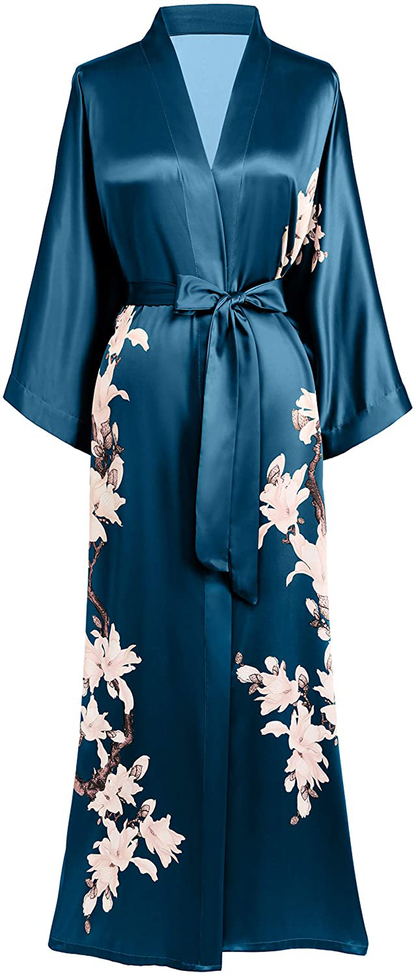 BABEYOND Kimono Robe Cover up Long Floral Satin Sleepwear Silky Bathrobe Bachelorette Robe Apparel & Accessories > Clothing > Sleepwear & Loungewear > Robes KYLIE MAX Dark Green  