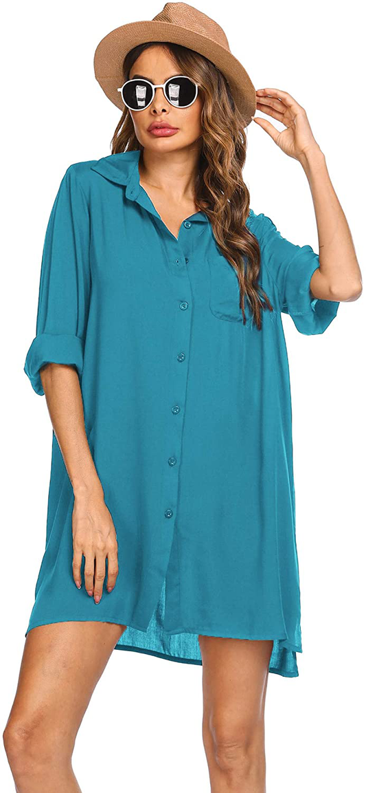 SHESHOW Women'S Beach Cover up Long Sleeve Button down Shirt Beach Bikini Coverups Dress Swimsuit Covers S-3XL Apparel & Accessories > Clothing > Swimwear Kylie Max   