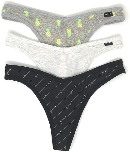 Victoria's Secret PINK Thong Panty Set of 3 Apparel & Accessories > Clothing > Underwear & Socks > Underwear Victoria's Secret Pineapples / Lt Gray / Black Logos Medium 