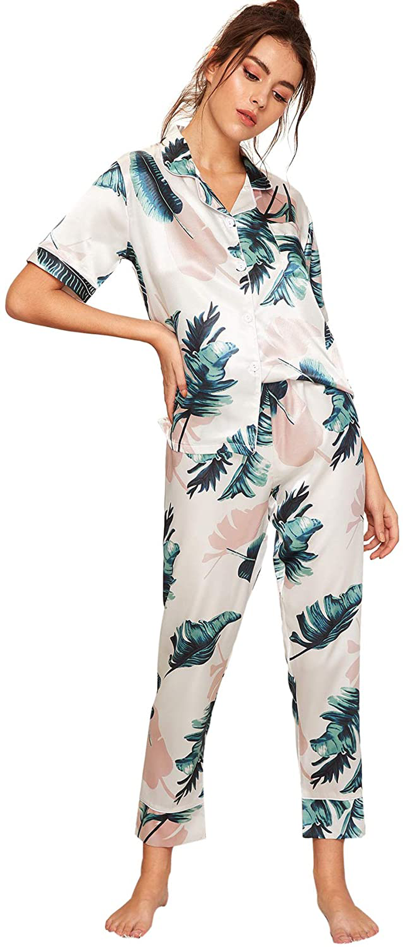 Floerns Women'S Printed Two Piece Short Sleeve Sleepwear Long Pants Silk Pajamas Sets Apparel & Accessories > Clothing > Sleepwear & Loungewear Kylie Max   