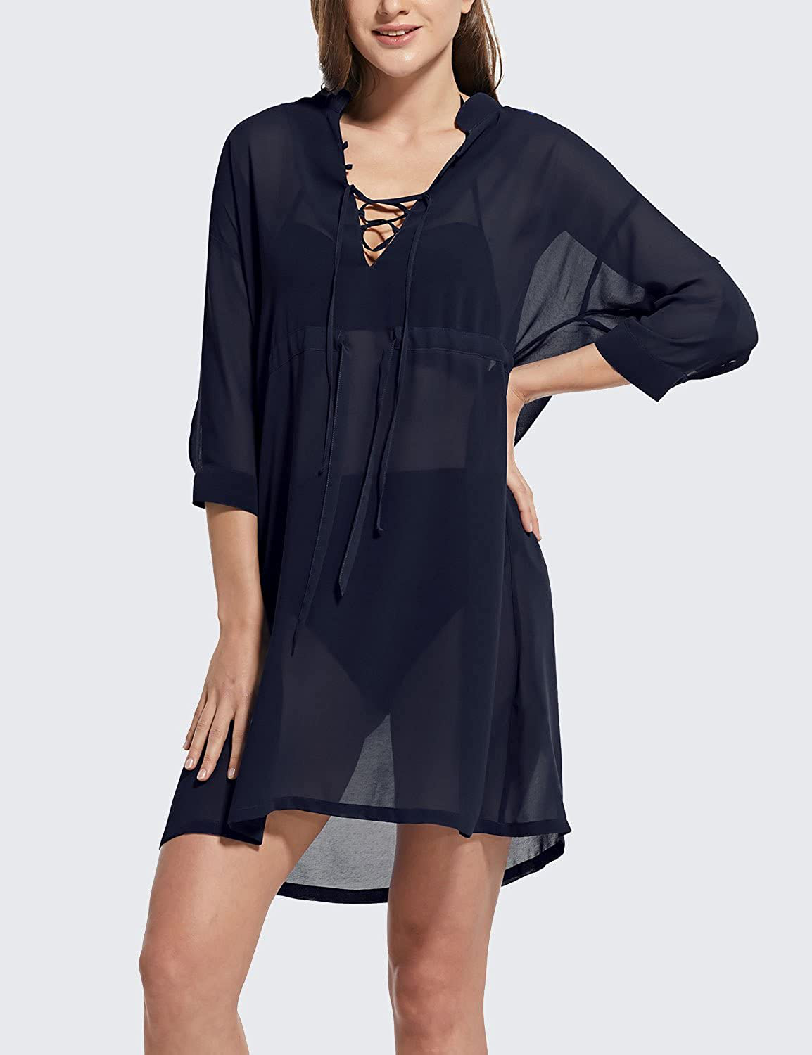 BALEAF Women'S 3/4 Sleeve Sheer Chiffon Bikini Swim Cover up V Neck Mesh Beach Coverups Apparel & Accessories > Clothing > Swimwear Kylie Max   