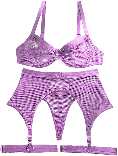 Kaei&Shi Fishnet Mesh Sheer,Underwire,G-String,Thigh Straps,4 Piece Garter Lingerie Apparel & Accessories > Clothing > Underwear & Socks > Lingerie Kaei&Shi Light Purple 10-12 
