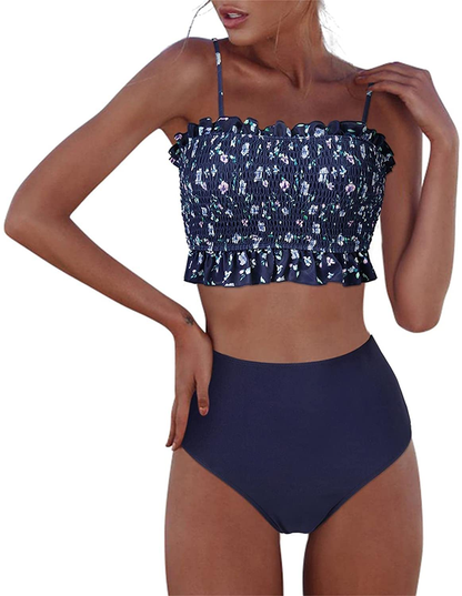 RXRXCOCO Womens Shirred Bandeau Bikini Cute Two Piece Swimsuit Off Shoulder High Waist Bathing Suit Apparel & Accessories > Clothing > Swimwear RXRXCOCO Blue Floral Medium 