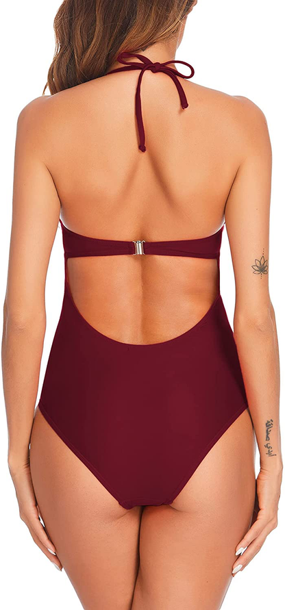 Ekouaer Women Sexy One Piece Swimsuit Halter V Neck Pin up Swimwear Backless Tummy Control Slimming Bathing Suits S-XXL Apparel & Accessories > Clothing > Swimwear Kylie Max   