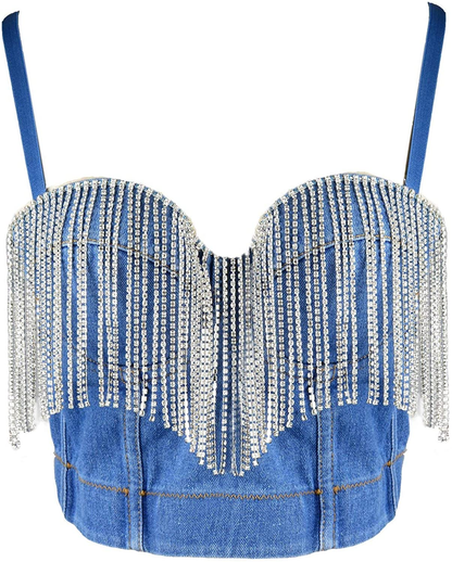 ELLACCI Women'S Tassel Rhinestone Denim Bustier Crop Top Jean Corset Top Bra Blue Apparel & Accessories > Clothing > Underwear & Socks > Lingerie ELLACCI   