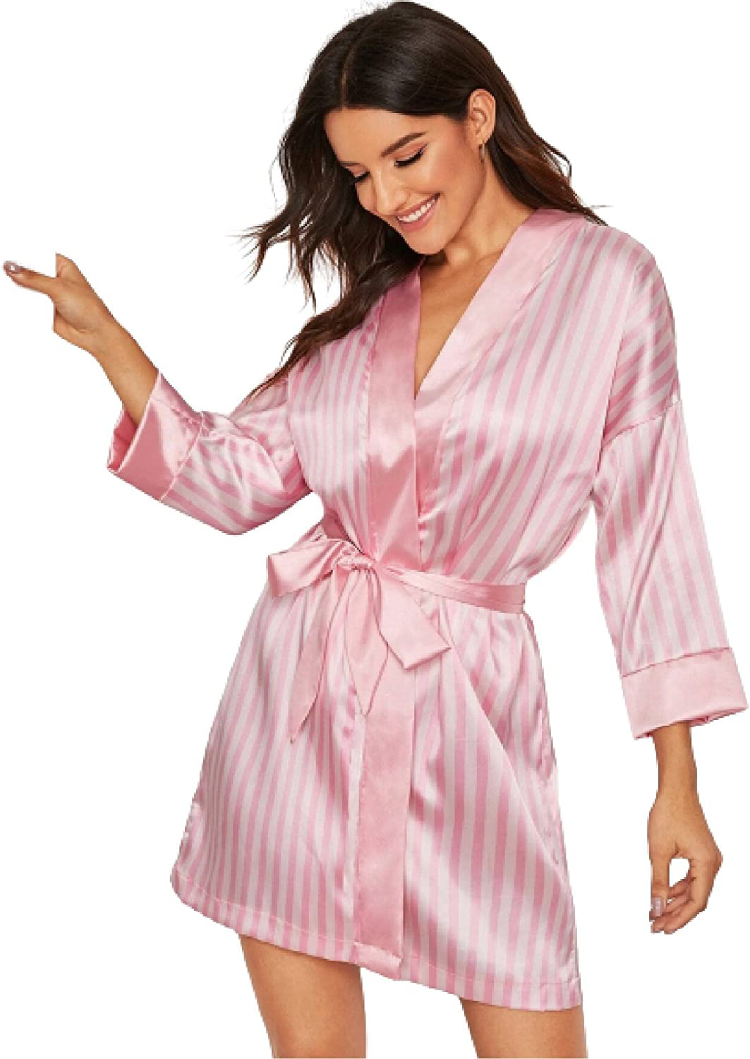 Floerns Women'S Bridesmaid Satin Kimono Oblique V Neck Bathrobe Robes Apparel & Accessories > Clothing > Sleepwear & Loungewear > Robes Floerns Pink Stripes Large 