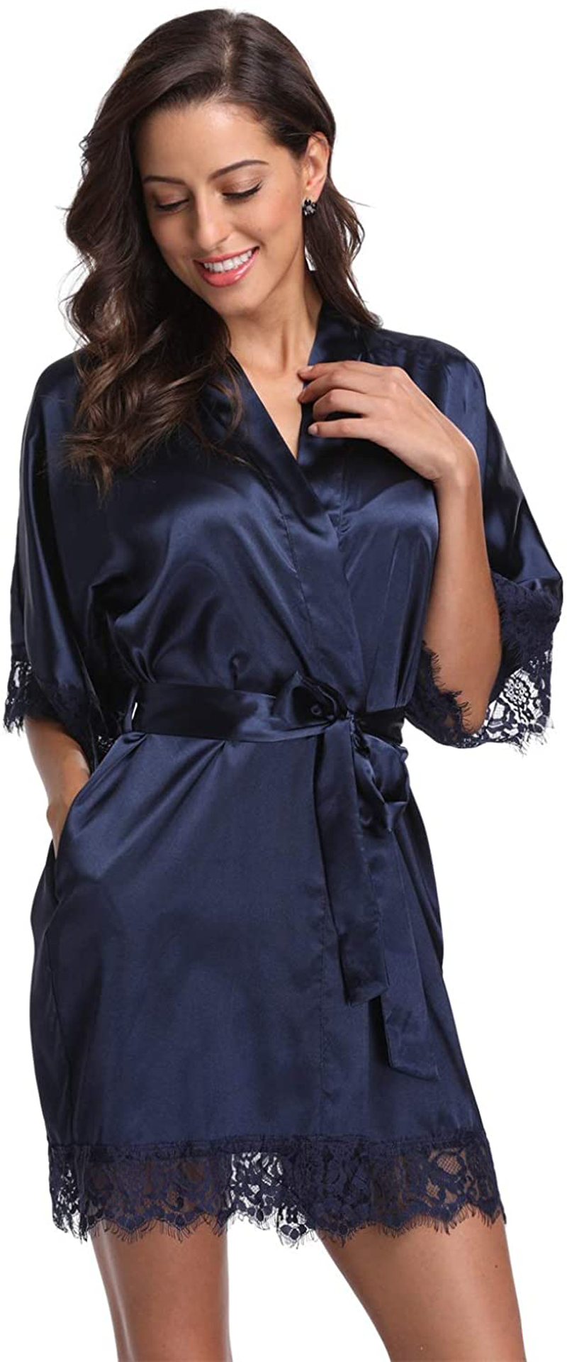 Original Kimono Women'S Lace-Trimmed Satin Short Kimono Robe Bathrobe Loungewear Apparel & Accessories > Clothing > Sleepwear & Loungewear > Robes Original Kimono   