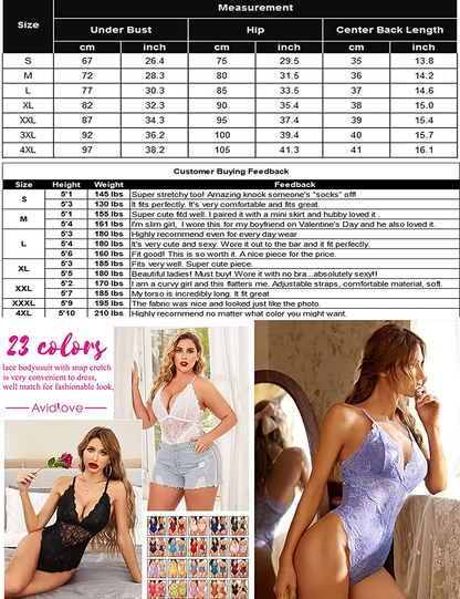 Avidlove Women Snap Crotch Lingerie Sexy Lace Bodysuit Deep V Teddy One Piece Lace Babydoll Apparel & Accessories > Clothing > Underwear & Socks > Lingerie Avidlove   