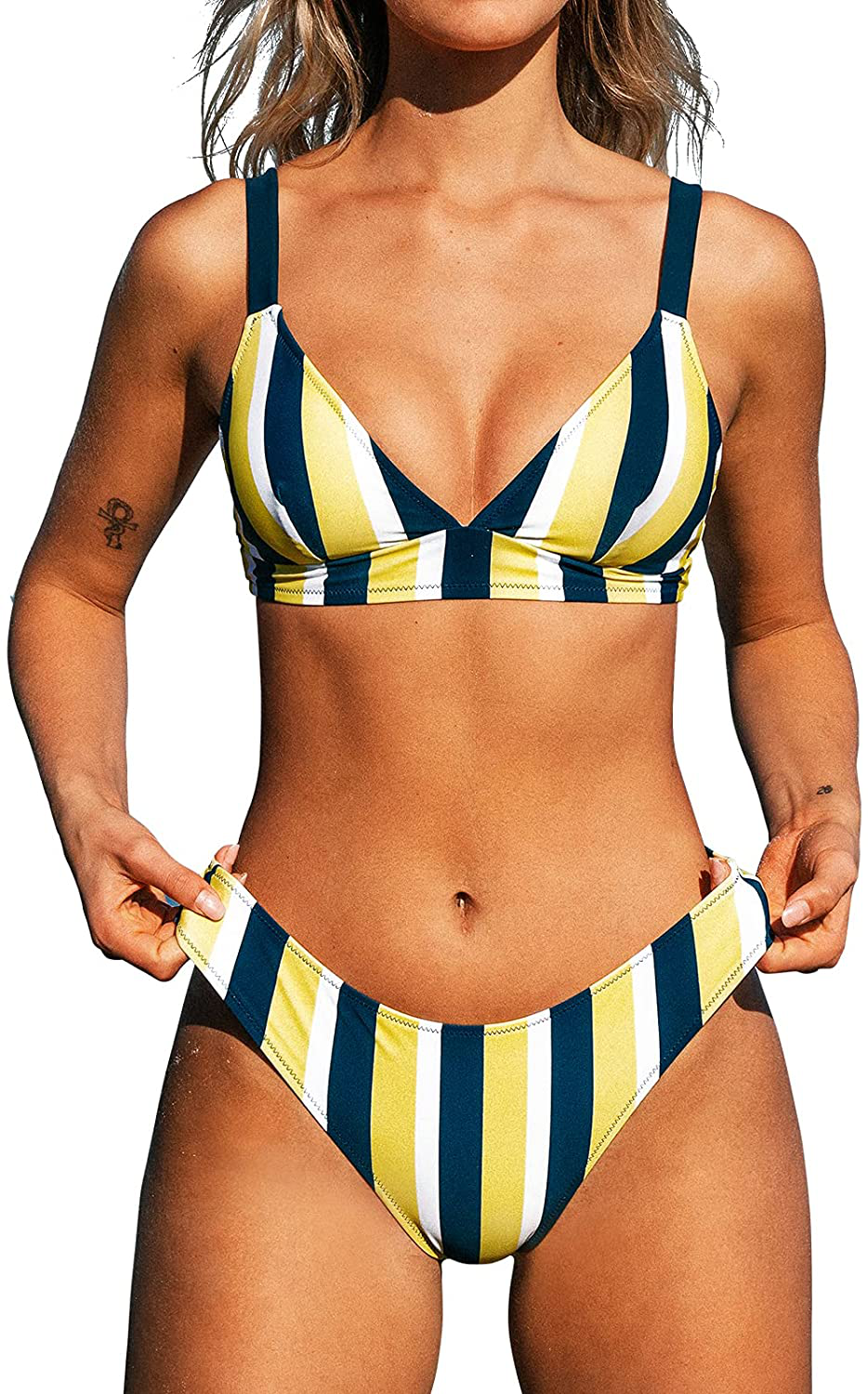 CUPSHE Women's Contrast Striped Low Waisted Bikini Set Retro V Neck Bathing Suit Apparel & Accessories > Clothing > Swimwear CUPSHE Multicolor Large 