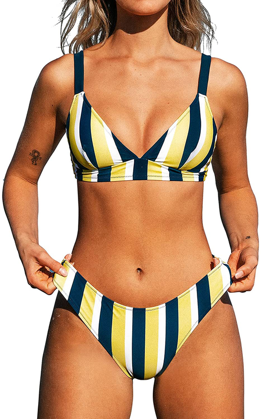 CUPSHE Women's Contrast Striped Low Waisted Bikini Set Retro V Neck Bathing Suit Apparel & Accessories > Clothing > Swimwear CUPSHE Multicolor Large 