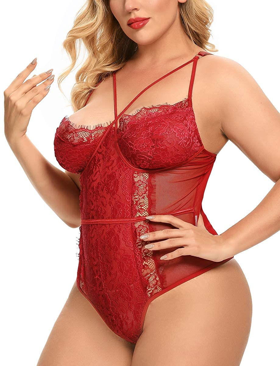 Plus Size Lingerie for Women Sexy Eyelash Lace Bodysuit Naughty Mesh One Piece Teddy Outfits Apparel & Accessories > Clothing > Underwear & Socks > Lingerie KYLIE MAX   