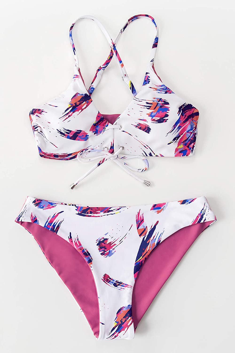 CUPSHE Women's Reversible Lace Up Bikini Sets Floral and Striped Apparel & Accessories > Clothing > Swimwear CUPSHE   