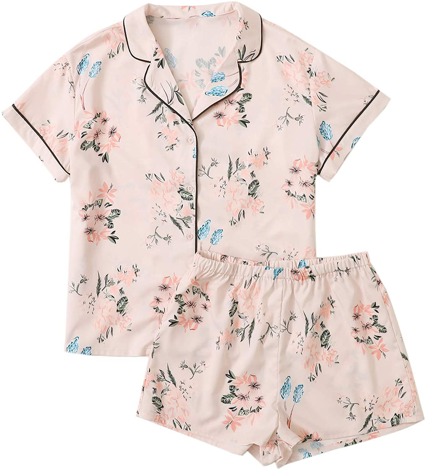 Floerns Women's Notch Collar Palm Leaf Print Sleepwear Two Piece Pajama Set Apparel & Accessories > Clothing > Sleepwear & Loungewear > Pajamas Floerns Apricot Floral X-Large 