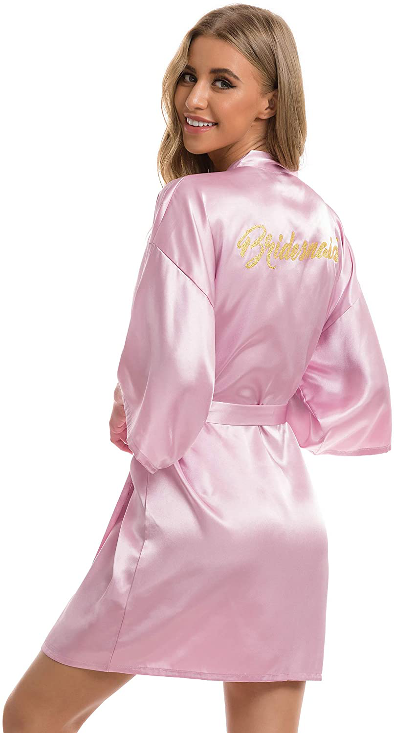 Vlazom Women'S Satin Robe Short Kimono for Bride & Bridesmaid Wedding Party Robes with Gold Glitter or Rhinestones Apparel & Accessories > Clothing > Sleepwear & Loungewear > Robes KYLIE MAX   