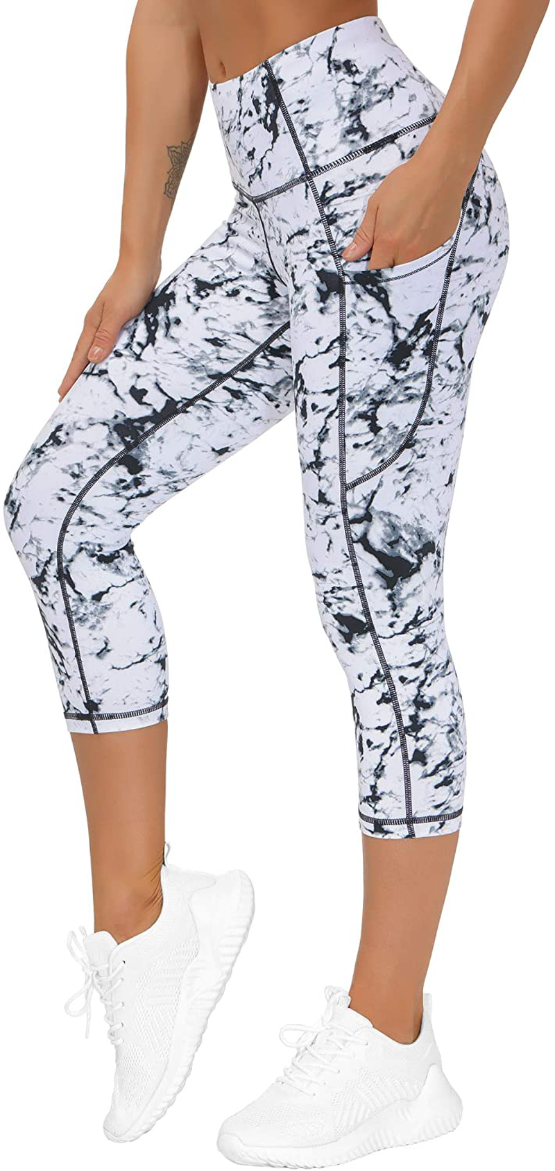 THE GYM PEOPLE Thick High Waist Yoga Pants with Pockets, Tummy Control Workout Running Yoga Leggings for Women Apparel & Accessories > Clothing > Activewear THE GYM PEOPLE Z- Capris Marble Large 