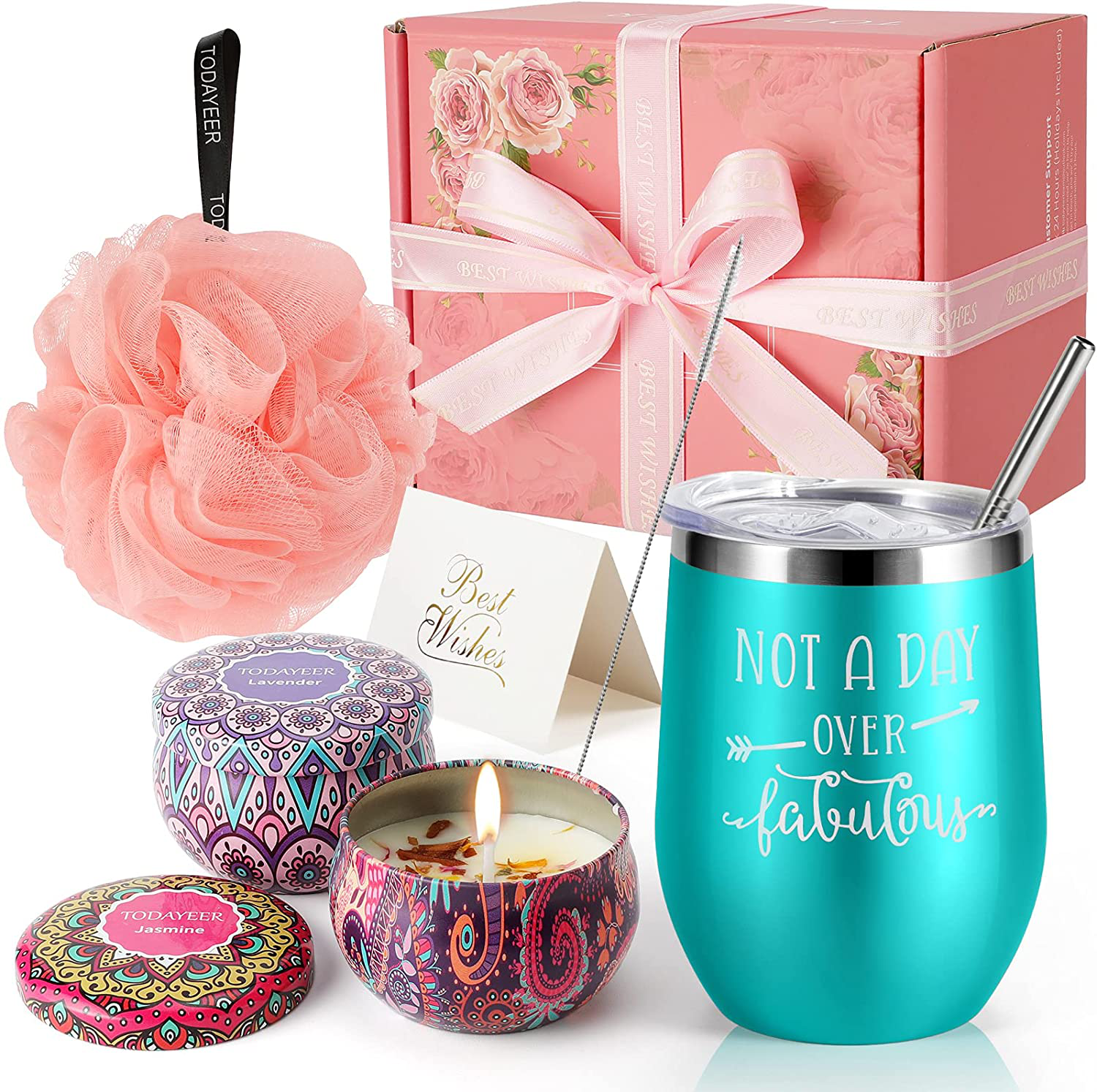 Gifts for Women Birthday Unique - Funny Insulated Wine Tumblers Rose Gold and Candles 2 Pack and Bath Loofah XL Bath Set - Unique Gifts for Women - Mom Sister Friends Female Grandma Birthday Gifts Arts & Entertainment > Party & Celebration > Gift Giving TODAYEER Blue  