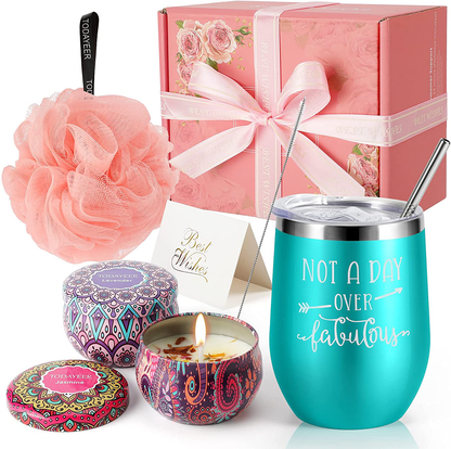 Gifts for Women Birthday Unique - Funny Insulated Wine Tumblers Rose Gold and Candles 2 Pack and Bath Loofah XL Bath Set - Unique Gifts for Women - Mom Sister Friends Female Grandma Birthday Gifts Arts & Entertainment > Party & Celebration > Gift Giving TODAYEER Blue  