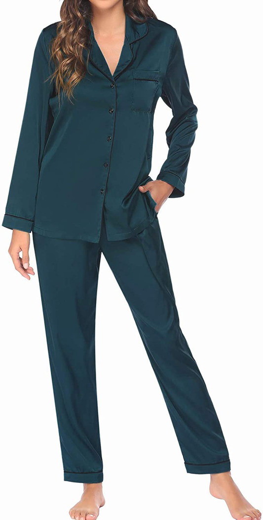 Ekouaer Satin Pajamas Women’S Long Sleeve Sleepwear Silk Soft Button down Loungewear Pjs Set S-XXL Apparel & Accessories > Clothing > Sleepwear & Loungewear > Pajamas Kylie Max   