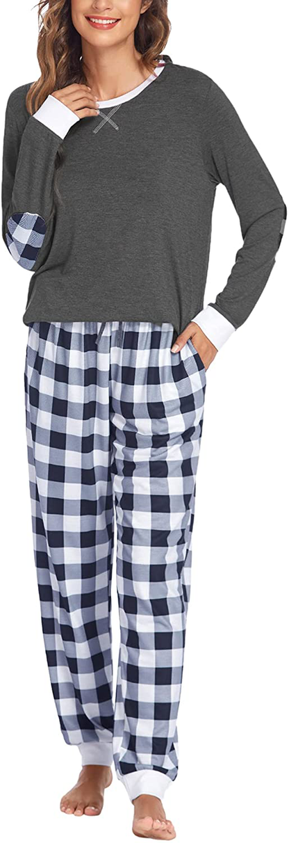 Ekouaer Women's Pajamas Sets Long Sleeve with Plaid Pants Soft Sleepwear O Neck 2 Piece Pjs Joggers Loung Set with Pockets Apparel & Accessories > Clothing > Sleepwear & Loungewear > Pajamas Ekouaer Pat19 Medium 