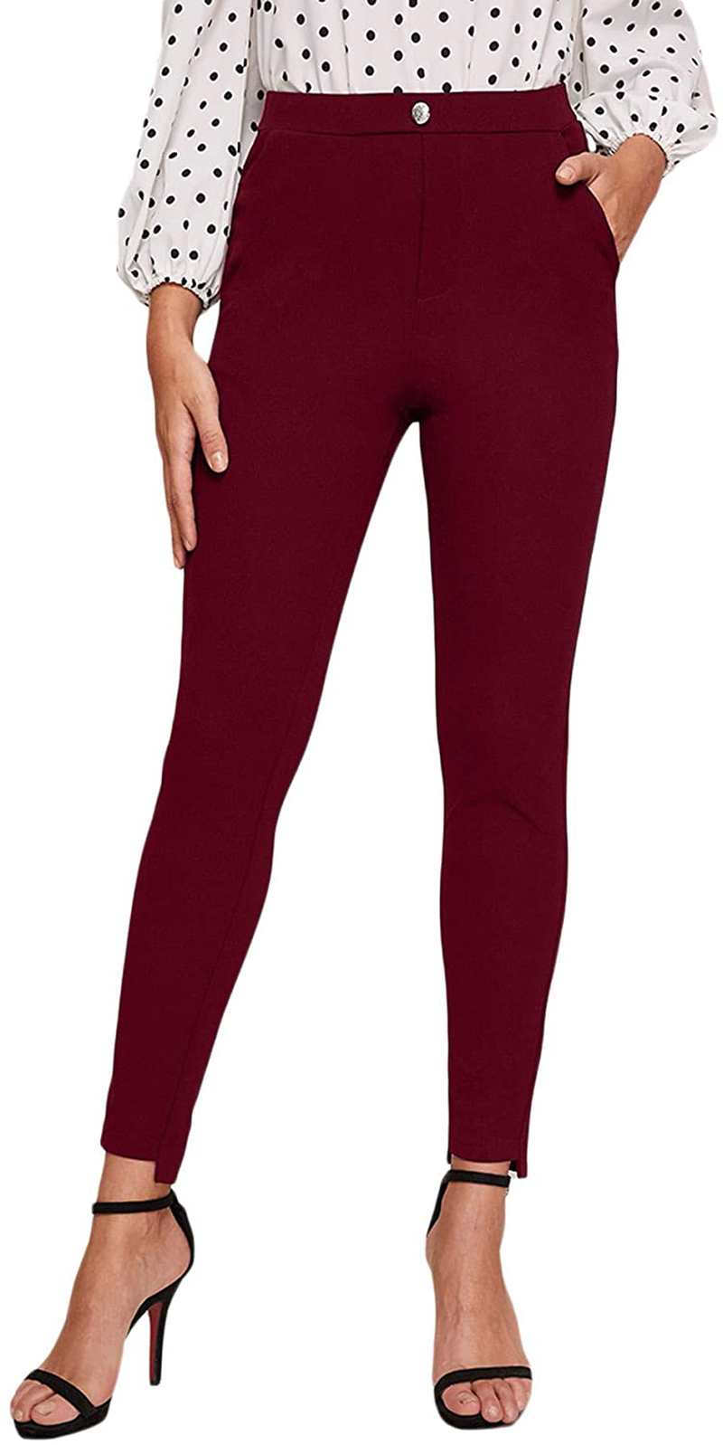 SweatyRocks Women's Casual Skinny Leggings Stretchy High Waisted Work Pants Apparel & Accessories > Clothing > Activewear SweatyRocks Maroon X-Large 