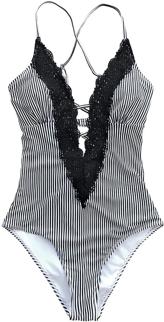 CUPSHE Fashion Women's Ladies Vintage Lace Bikini Sets Beach Swimwear Bathing Suit Apparel & Accessories > Clothing > Swimwear CUPSHE Black White Medium 