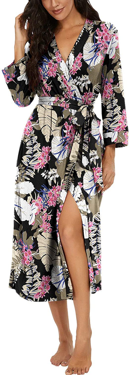 VINTATRE Women Kimono Robes Long Knit Bathrobe Lightweight Soft Knit Sleepwear V-Neck Casual Ladies Loungewear Apparel & Accessories > Clothing > Sleepwear & Loungewear > Robes VINTATRE B04 Fp-big Leaf Pink Large 