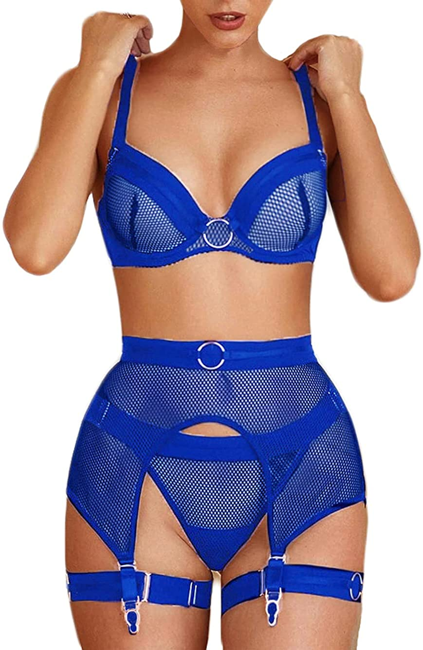 Kaei&Shi Fishnet Mesh Sheer,Underwire,G-String,Thigh Straps,4 Piece Garter Lingerie Apparel & Accessories > Clothing > Underwear & Socks > Lingerie Kaei&Shi Blue 2-4 