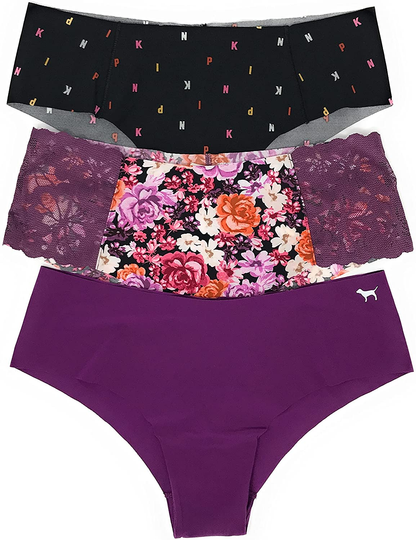 Victoria'S Secret Pink Cheekster Panty Set of 3  Victoria's Secret No Show Black Mini Logo / Purple Floral / Violet Medium 