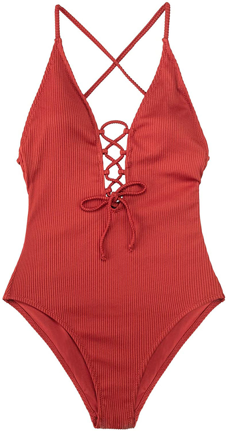 CUPSHE Women'S Solid Color V Neck Lace up One Piece Swimsuit Apparel & Accessories > Clothing > Swimwear Kylie Max   