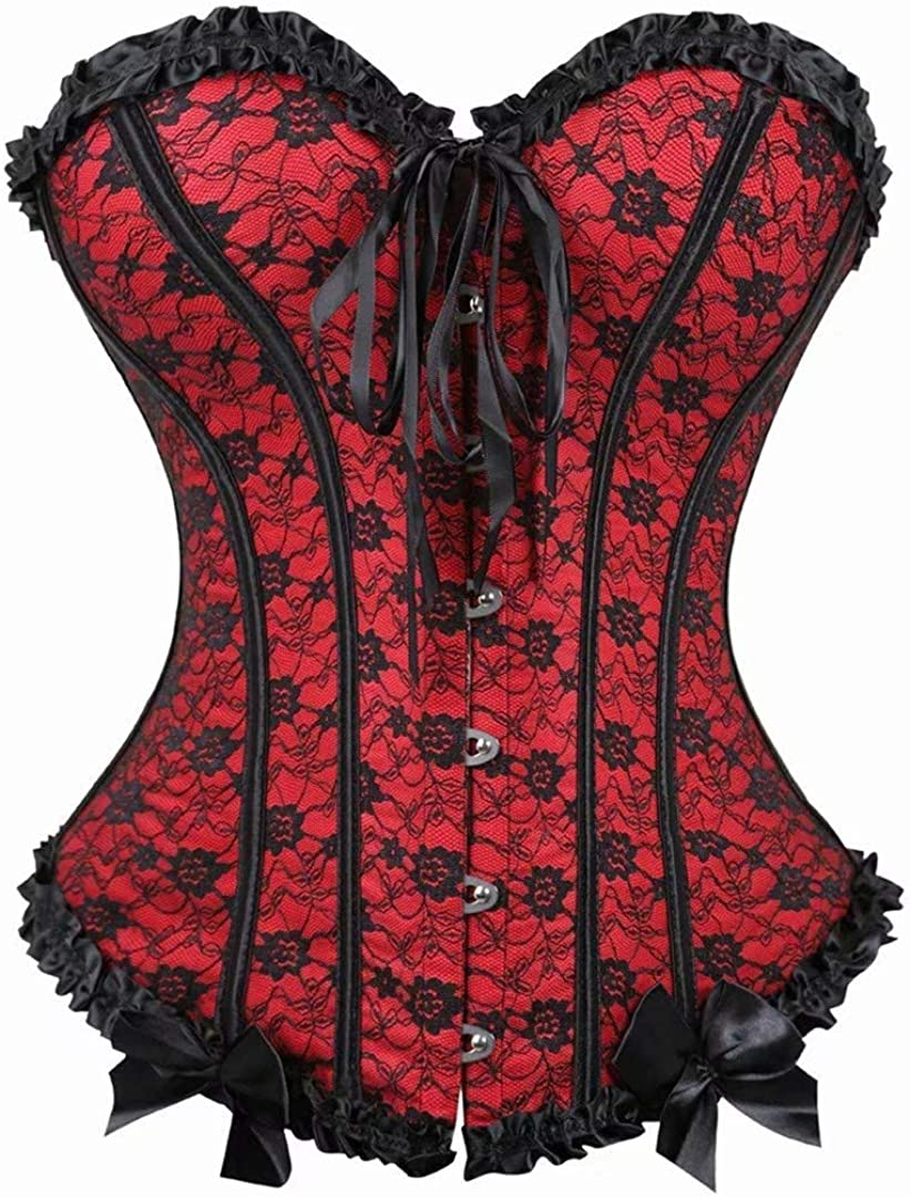 Corset Top Bustier Women'S Overbust Satin Floral Lace up Trim plus Size Bodyshaper Apparel & Accessories > Clothing > Underwear & Socks > Lingerie jutrisujo 815red 6X-Large 