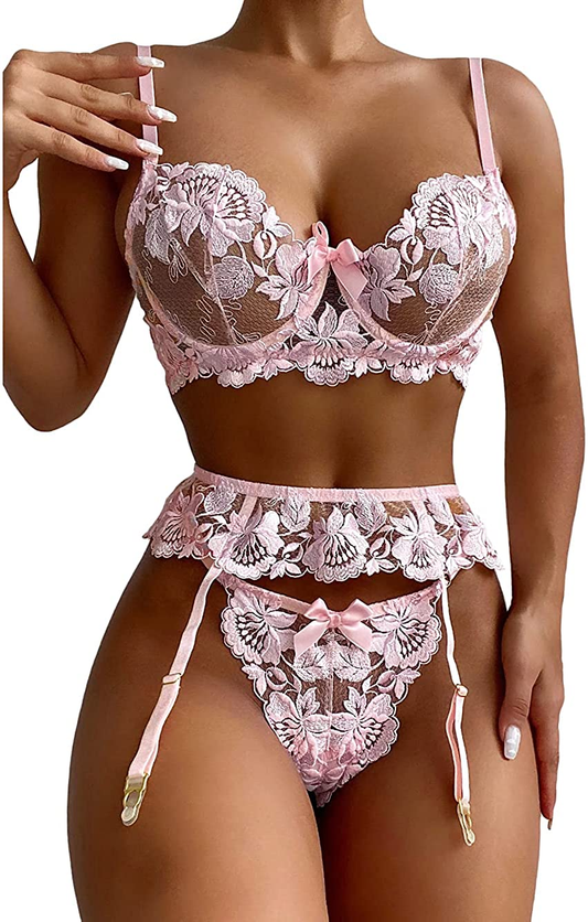 Kaei&Shi Floral Embroidered Mesh Sheer,Underwire,G-String,Garter Lingerie Set Apparel & Accessories > Clothing > Underwear & Socks > Lingerie Kaei&Shi Pink 14 