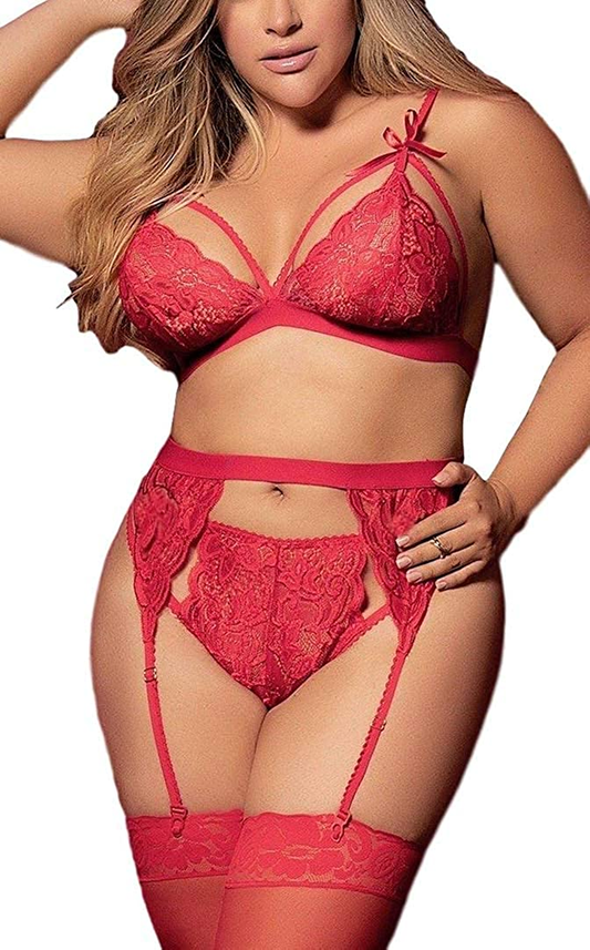 Women plus Size Lingerie Set with Garter Belt 3 Piece Sexy Strap Bra and Panty Lace Bodysuit Apparel & Accessories > Clothing > Underwear & Socks > Lingerie KYLIE MAX Red X-Large 