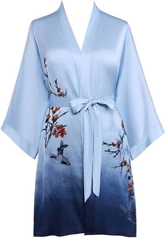 PRODESIGN Short Kimono Robe Satin Sleepwear Silky Kimono Nightgown Bathrobe Floral Kimono Cardigan Cover Up Apparel & Accessories > Clothing > Sleepwear & Loungewear > Robes KYLIE MAX Plum Blossom  