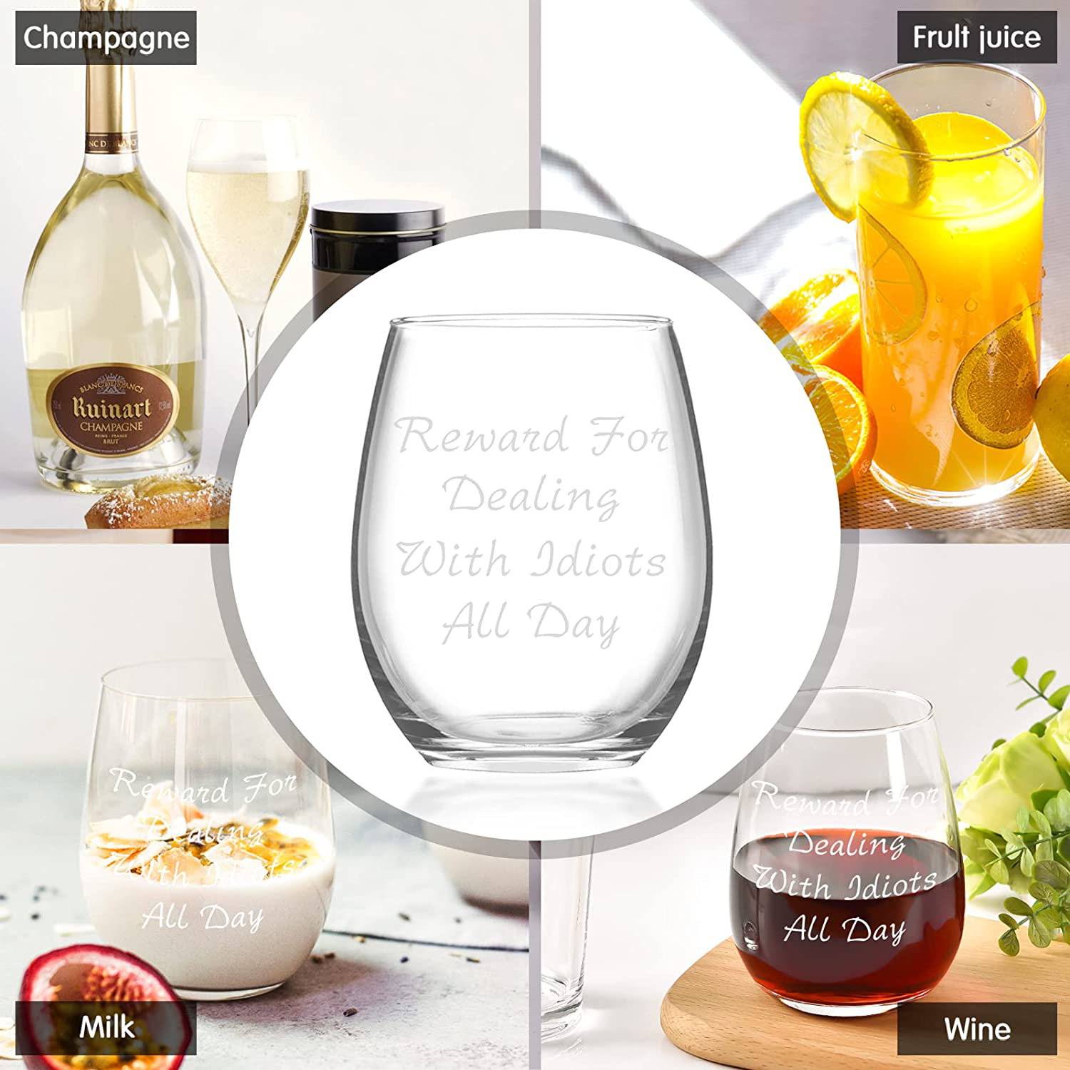 Futtumy Reward For Dealing With Idiots All Day Stemless Wine Glass 15oz, Funny Wine Glass for Men Women Friend Coworker, Novelty Christmas Gift Birthday Gift Gag Gift White Elephant Exchange Gift Arts & Entertainment > Party & Celebration > Gift Giving Futtumy   