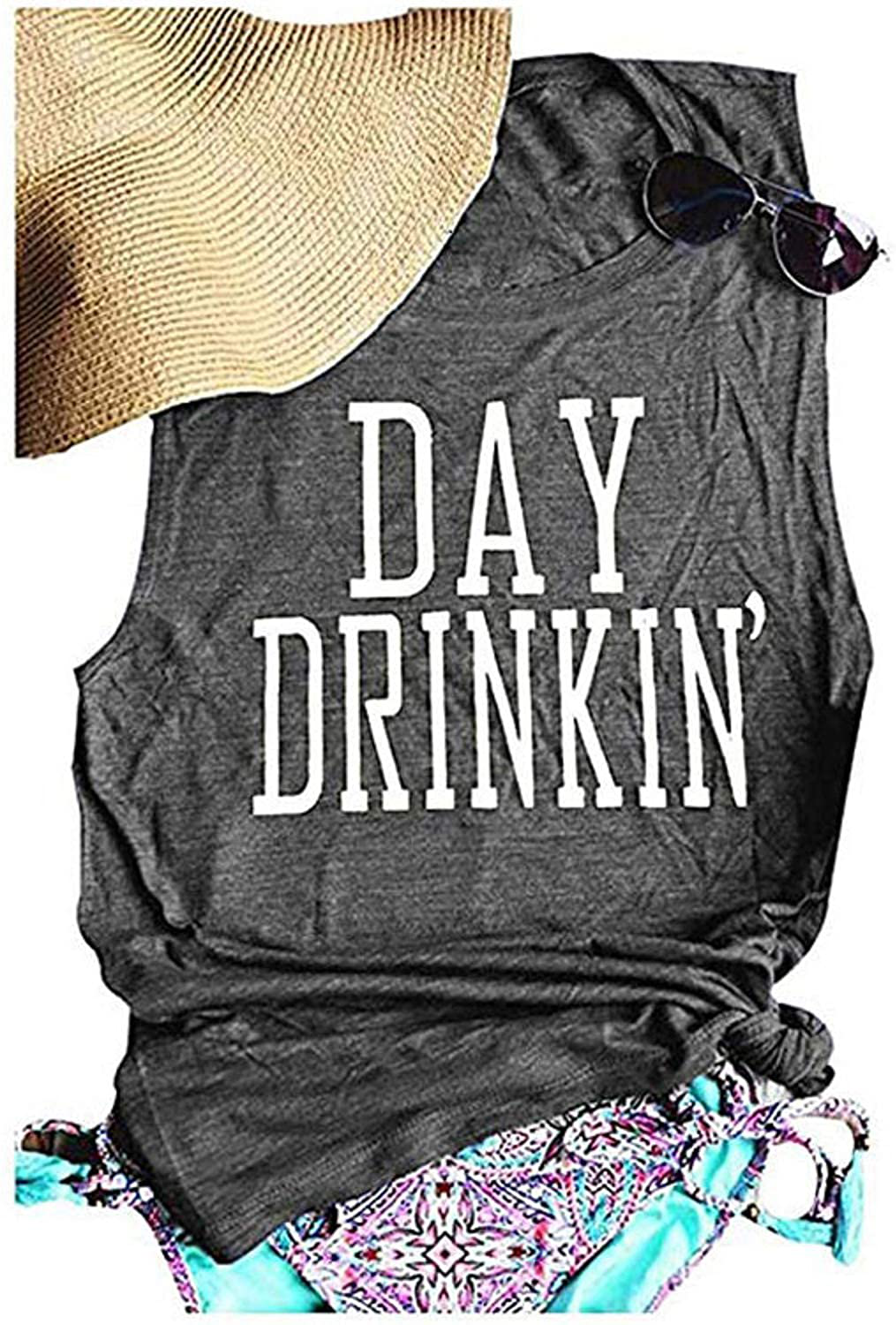 Bealatt Day Drinkin’ Casual Tank Tops Funny Letters Print Vest T-Shirt, Cute Drinking Shirt Tank for Women Apparel & Accessories > Clothing > Activewear Kylie Max   