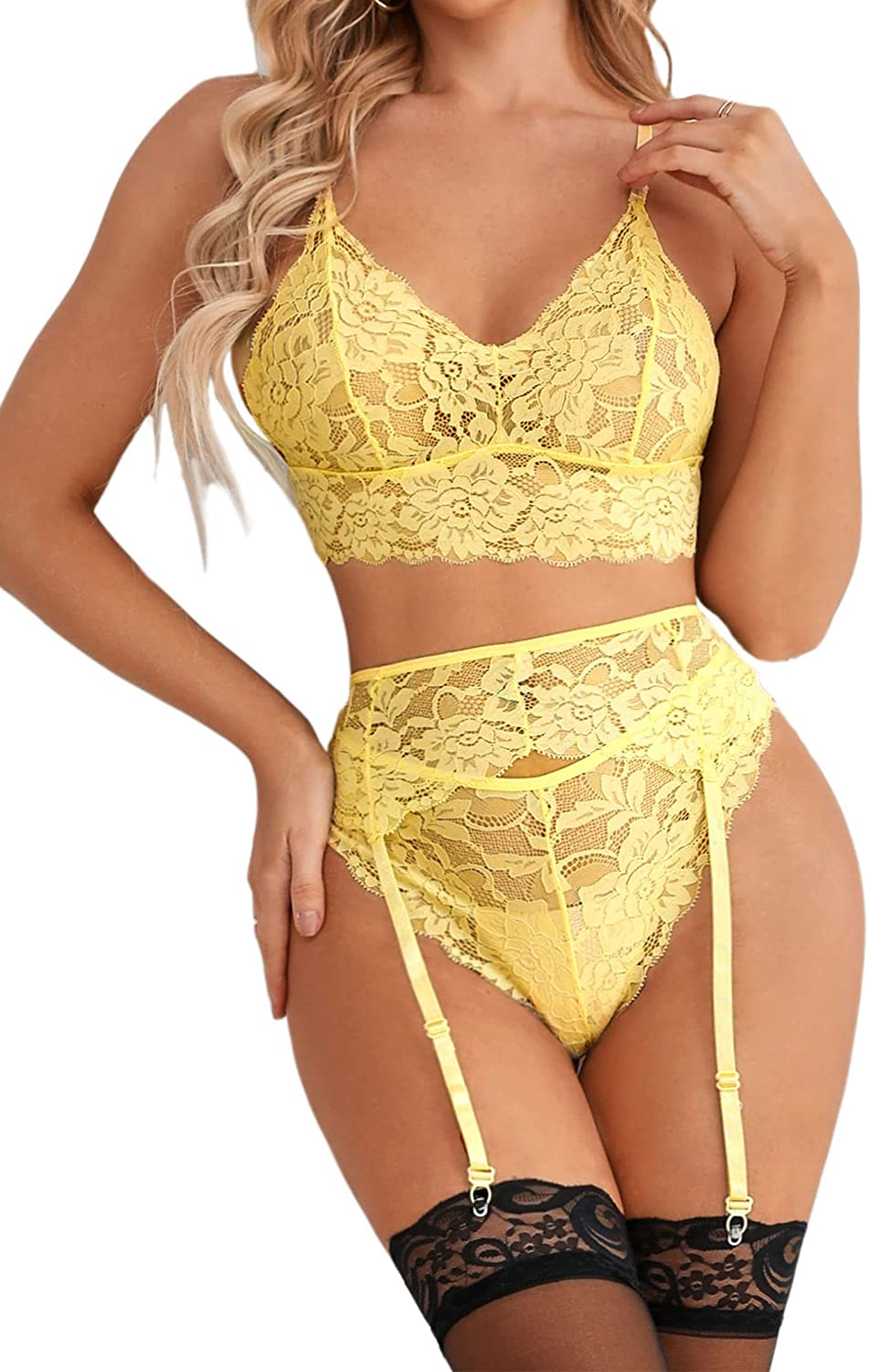 Sexy Valentines Lingerie Set for Women,3 Piece,Lace Bralette Bra and Panty Sets,Garter Belt Lingerie Apparel & Accessories > Clothing > Underwear & Socks > Lingerie Dewinya Yellow Medium 