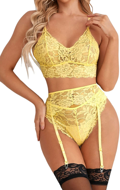 Sexy Valentines Lingerie Set for Women,3 Piece,Lace Bralette Bra and Panty Sets,Garter Belt Lingerie Apparel & Accessories > Clothing > Underwear & Socks > Lingerie Dewinya Yellow Medium 