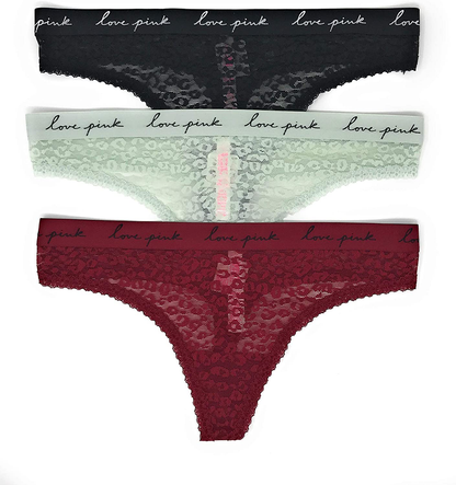 Victoria's Secret PINK Thong Panty Set of 3 Apparel & Accessories > Clothing > Underwear & Socks > Underwear Victoria's Secret Lace Black / Mint / Cranberry Large 