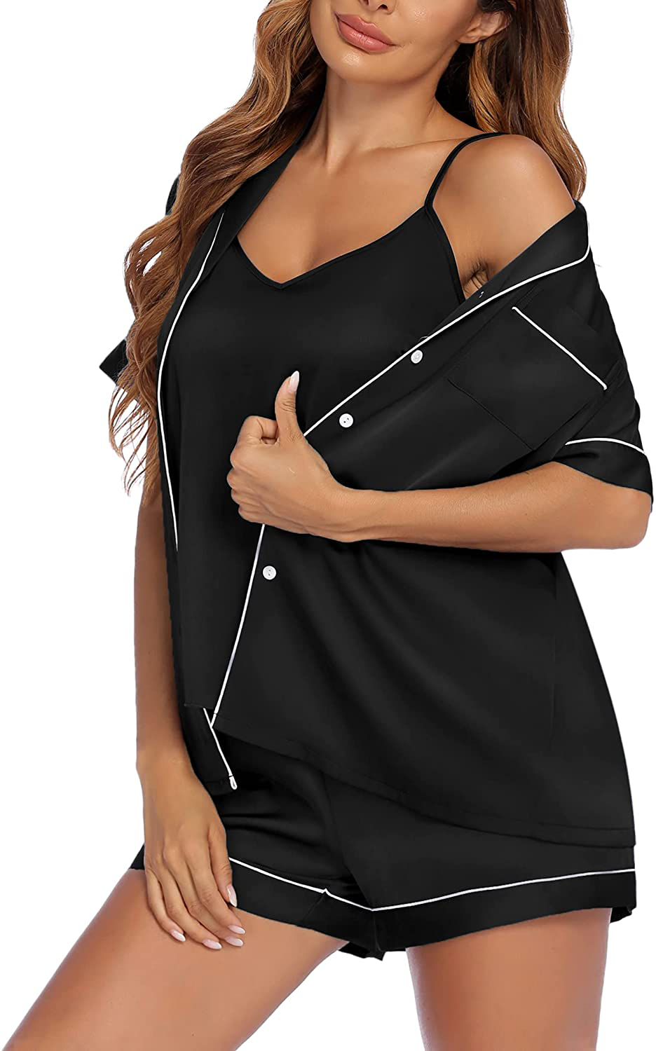 Ekouaer Silk Satin Pajamas Set 3 Pieces Button down Lounge Set Short Sleeve Pjs with Cami Tops Apparel & Accessories > Clothing > Sleepwear & Loungewear Kylie Max   