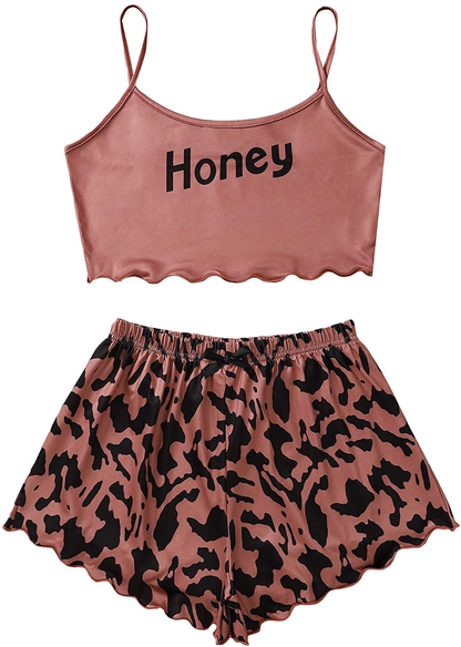 SOLY HUX Women'S Cartoon Print Lettuce Trim Cami Top and Shorts Cute Pajama Set Sleepwear Apparel & Accessories > Clothing > Sleepwear & Loungewear Kylie Max   