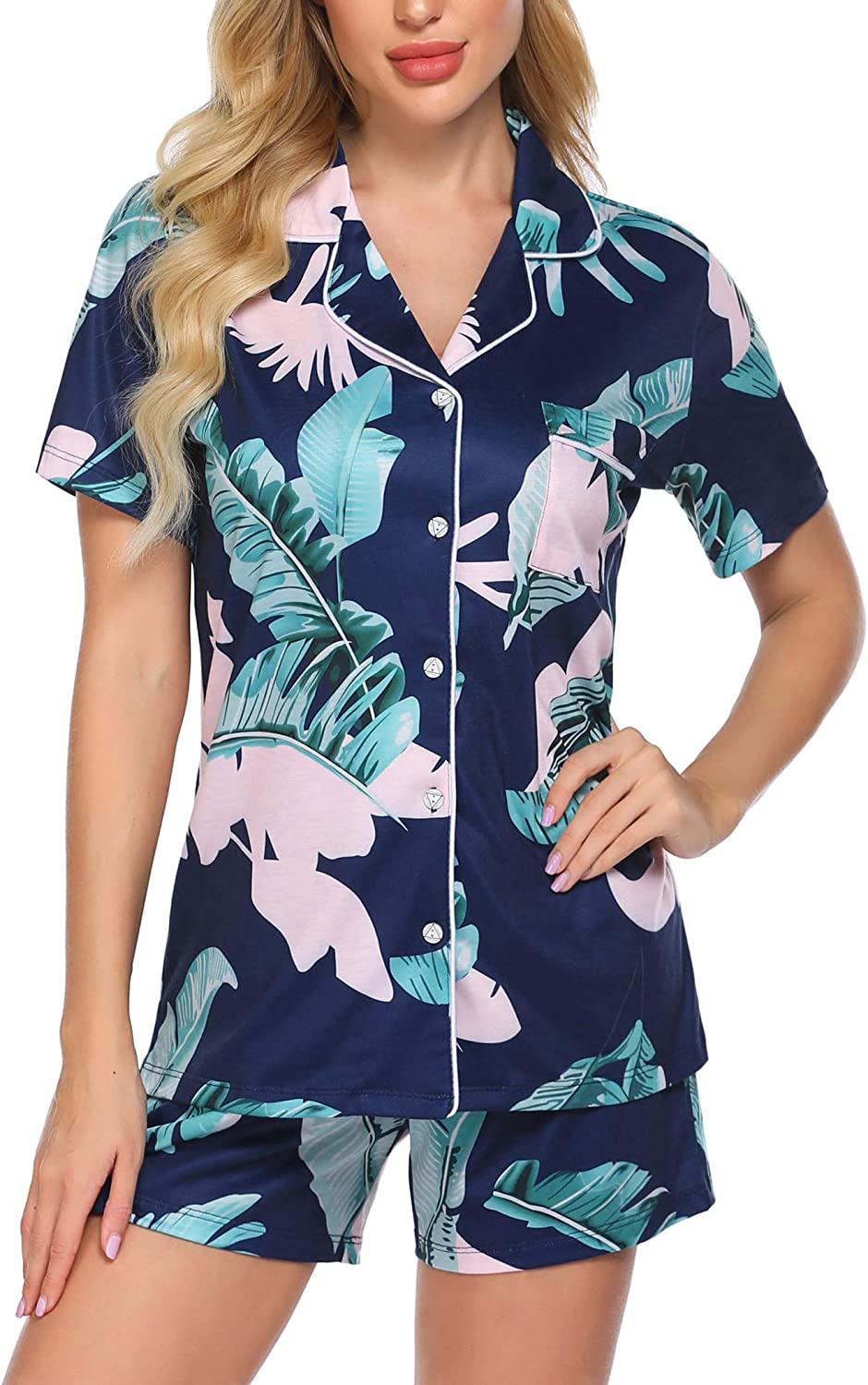 Ekouaer Pajamas Set Short Sleeve Sleepwear Womens Button Down Nightwear Soft Pj Lounge Sets XS-XXL Apparel & Accessories > Clothing > Sleepwear & Loungewear > Pajamas Ekouaer Pat2-navy Leaves Large 