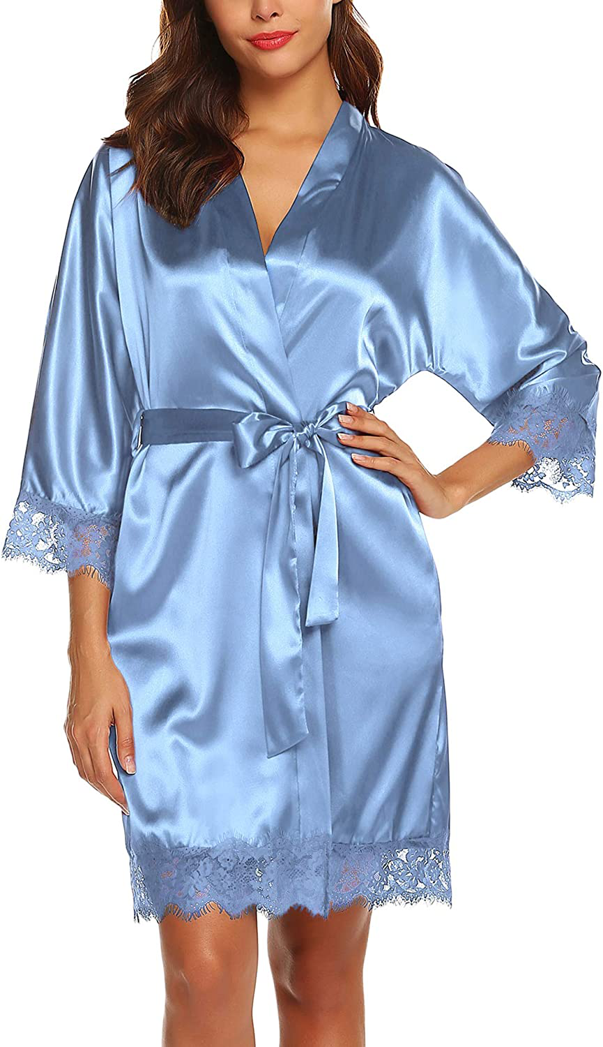 URRU Women'S Satin Silk Bathrobe Oblique V-Neck Short Kimono Robe Bridesmaids Robe S-XXXL Apparel & Accessories > Clothing > Sleepwear & Loungewear > Robes KYLIE MAX   