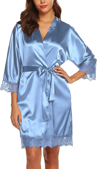 URRU Women'S Satin Silk Bathrobe Oblique V-Neck Short Kimono Robe Bridesmaids Robe S-XXXL Apparel & Accessories > Clothing > Sleepwear & Loungewear > Robes KYLIE MAX   