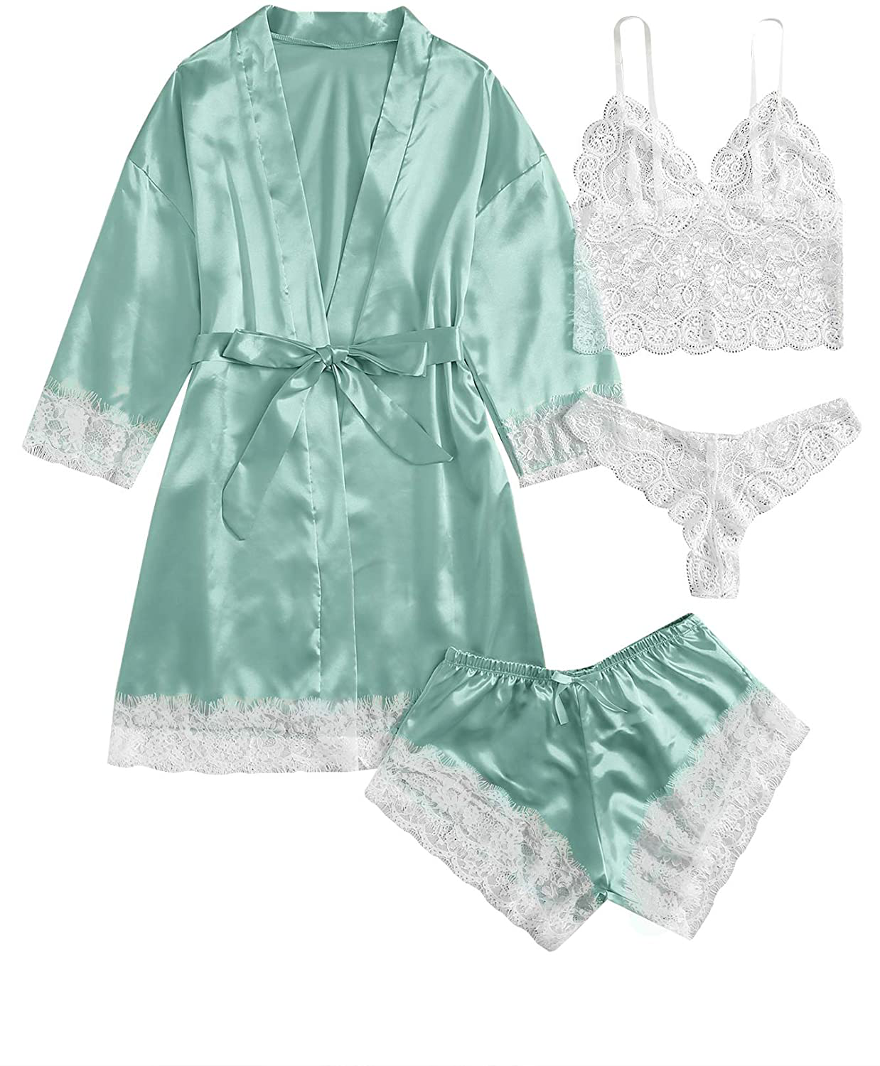 SOLY HUX Women'S Sleepwear 4Pcs Floral Lace Trim Satin Cami Pajama Set with Robe Apparel & Accessories > Clothing > Sleepwear & Loungewear Kylie Max   