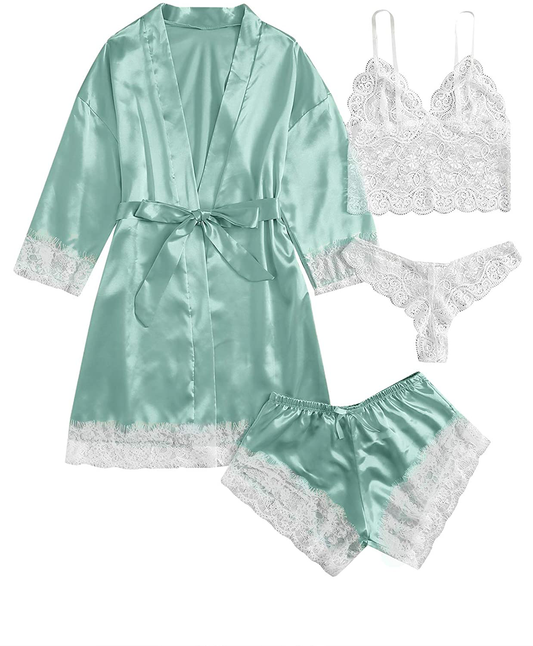 SOLY HUX Women'S Sleepwear 4Pcs Floral Lace Trim Satin Cami Pajama Set with Robe Apparel & Accessories > Clothing > Sleepwear & Loungewear Kylie Max   