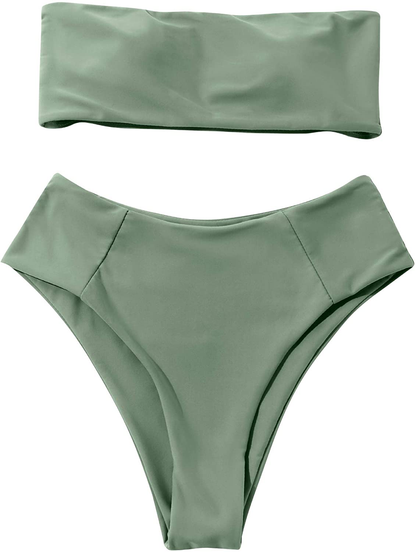 OMKAGI Women's 2 Pieces Bandeau Bikini Swimsuits Off Shoulder High Waist Bathing Suit High Cut Apparel & Accessories > Clothing > Swimwear OMKAGI 16-new Army Green Large 
